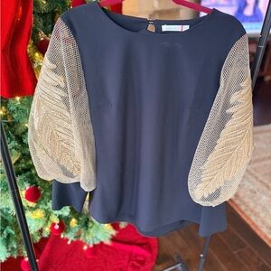 Black Blouse with Gold Mesh Sleeves